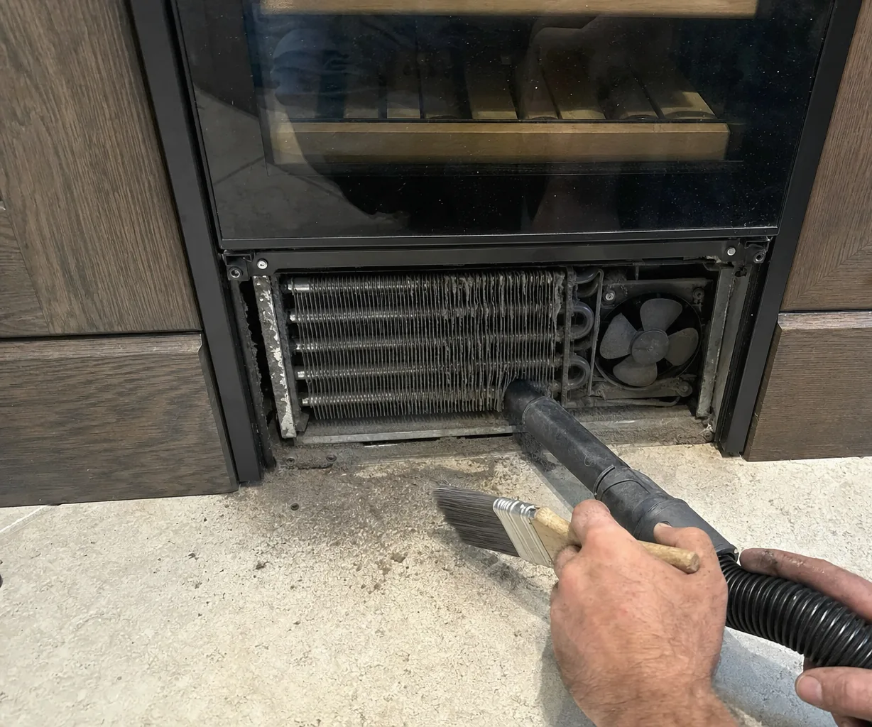 A close view of a condenser coil under a built-in unit, its fins grey with lint as the vacuum nozzle draws along them