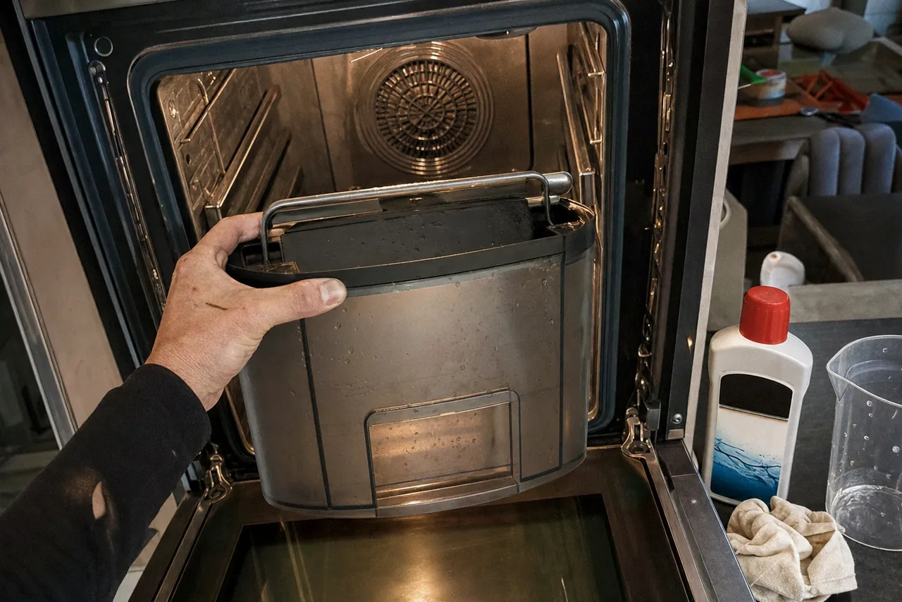 An open built-in steam oven with its reservoir removed, the cavity and steam outlet visible behind the empty tank bay