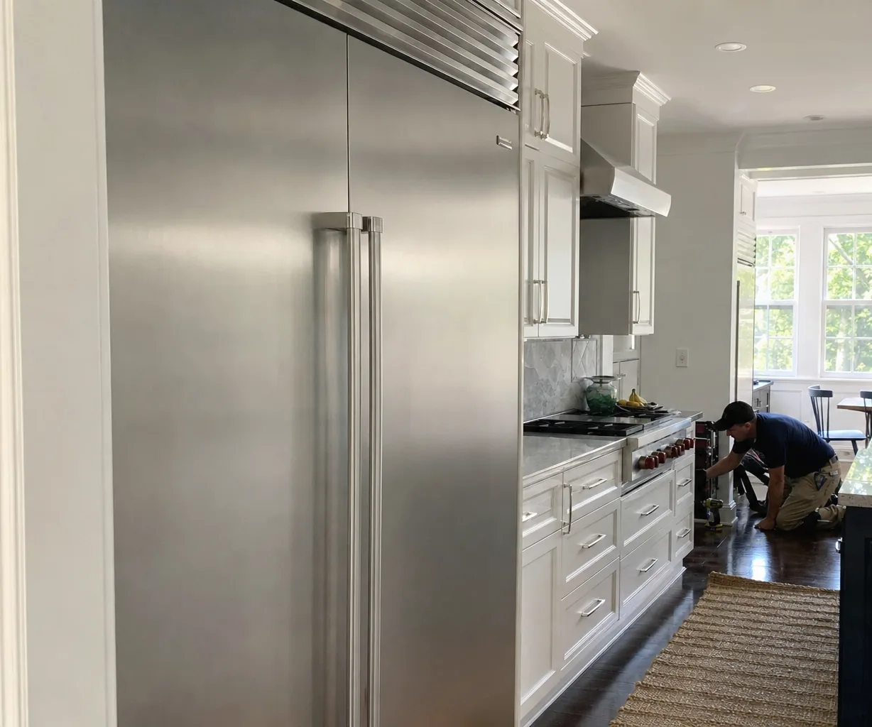 A bright kitchen seen from the doorway, the built-in refrigerator column nearest the camera and the cooking run beyond it