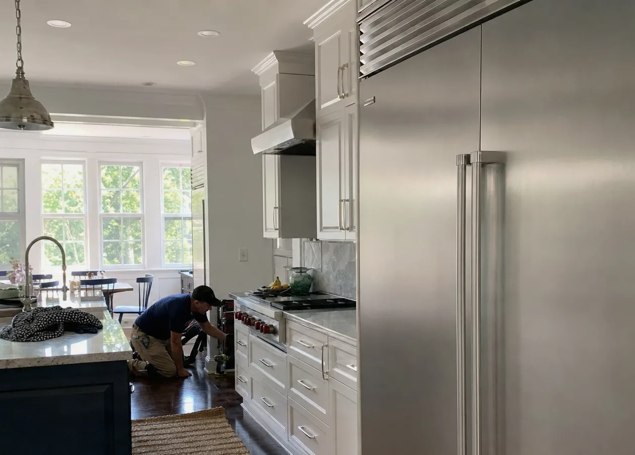 A wide kitchen with cabinetry to the ceiling, a hood over the range and a technician at work at the far end of the run